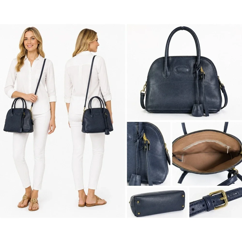 Vintage Leather Italian Dome‎ Satchel Top Handle Crossbody Bag Classic Old Money
